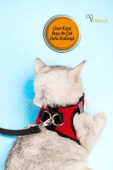 Viselia Kedi Tasması Göğüs Boyun Tasma Sevk Kayışlı Terletmeyen Nefes Alan Kumaş Reflektörlü Kırmızı M Beden thumbnail 4