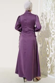 Yanları İp Bağlamalı Saten Elbise Magenta - 3