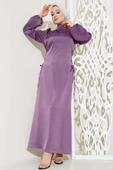 Yanları İp Bağlamalı Saten Elbise Magenta - 1