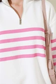Çizgili Yarım Fermuarlı Sweatshirt Beyaz Pembe thumbnail 4
