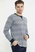 Sıfır Yaka Desenli Rahat Kalıp Pijama Takım - Lacivert - 4