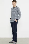Sıfır Yaka Desenli Rahat Kalıp Pijama Takım - Lacivert - 2
