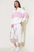 Çizgili Yarım Fermuarlı Sweatshirt Beyaz Pembe thumbnail 2