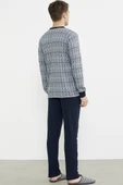 Sıfır Yaka Desenli Rahat Kalıp Pijama Takım - Lacivert - 5