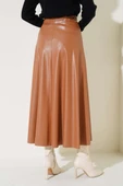 Beli Lastikli Kloş Deri Etek Latte thumbnail 3