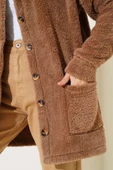 Düğmeli Peluş Hırka Kahve - 4