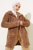 Düğmeli Peluş Hırka Kahve - 1