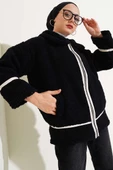 Deri Biyeli Fermuarlı Peluş Ceket Siyah thumbnail 1