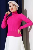 Fitilli Tam Balıkçı Yaka Triko Kazak Fuşya thumbnail 2