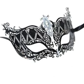 Kristal Gümüş Taşlı Siyah Lazer Kesim Metal Lüks Maske - 2