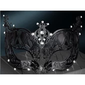 Kristal Gümüş Taşlı Siyah Lazer Kesim Metal Lüks Maske - 4