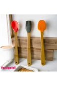 Yenigeldi 3 Adet 21 cm Pastel Renk Bambu Saplı Mini Silikon Pişirme Seti, ( Kaşık,Fırça,Spatula) - 1