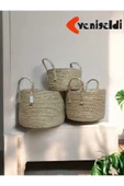 Yenigeldi 3lü Dekoratif Yuvarlak Hasır Örgülü Saplı Sepetler yen2400153 - 1