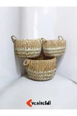 Yenigeldi 3lü Doğal Hasır Sepet Beyaz Çizgili Yen2400143 thumbnail 1