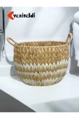 Yenigeldi 1 Adet Doğal Hasır Sepet (23CM-36CM-TABAN 24 CM) Beyaz Çizgili Yen240014k - 1