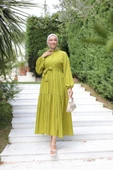 VıoShıne Kadın Düğmeli Gömlek Yaka Kuşaklı Bürümcük Elbise - 9