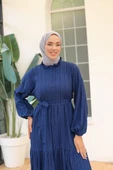 VıoShıne Kadın Düğmeli Gömlek Yaka Kuşaklı Bürümcük Elbise - 2