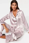 VıoShıne Kadın Saten Biyeli Gömlek Pantolon Dokuma Pijama Takımı - 11