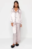 VıoShıne Kadın Saten Biyeli Gömlek Pantolon Dokuma Pijama Takımı - 8