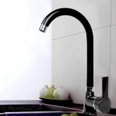 Lara Uzun Kuğu Batarya Siyah Lavabo Banyo Mutfak Musluk Mermer Tezgah Üstü Çift Su Giriş Evye - 6