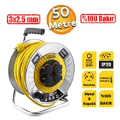 Metal Makaralı Seyyar %100 Bakır Kablo 4 Prizli Kapaklı Uzatma Kablosu 3x2.5 mm H05VV-F 50 Metre thumbnail 1