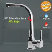 Jetta Uzun Kuğu Batarya Krom Lavabo Banyo Mutfak Musluğu Musluk Mermer Tezgah Üstü Çift Su Giriş Evye - 1