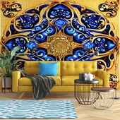 Sarı Lacivert Mandala Desenli Duvar Kağıdı - 1