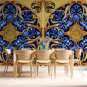 Sarı Lacivert Mandala Desenli Duvar Kağıdı - 5