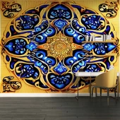 Sarı Lacivert Mandala Desenli Duvar Kağıdı - 4