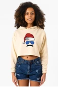 Mustache Christmas Hero Bej Kadın Crop Kapşonlu - 2