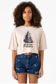 All Booked For Christmas Bej Kadın Crop Tshirt - 1