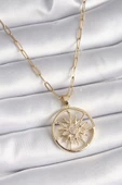 Gold Renk Zirkon Taşlı Güneş Madalyon Model Kadın Kolye - EBJ241130W29607 - 1