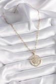 Gold Renk Zirkon Taşlı Güneş Madalyon Model Kadın Kolye - EBJ241130W29607 - 2
