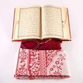 Şal + Seccade + Tesbih + Kuran Hediye Seti (Orta Boy, Şems Lafzatullah, Bordo) thumbnail 4