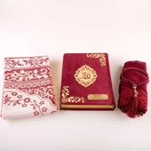 Şal + Seccade + Tesbih + Kuran Hediye Seti (Orta Boy, Şems Lafzatullah, Bordo) thumbnail 3