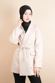 Bayan Blazer Süet Ceket Seyyar Kuşaklı Ceket Krem - 1