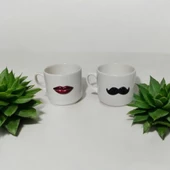 3D Bıyık ve Dudak Desenli 2'li Kupa Seti - Kadın ve Erkek Temalı Kupa Bardak - 1