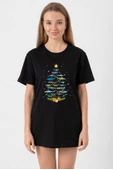 Shark Christmas Tree Siyah Kadın Oversize Tshirt thumbnail 1