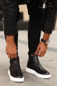 Shoetyle - Siyah Hakiki Deri Erkek Chelsea Bot - Beyaz Taban -  250-041 - 2
