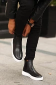 Shoetyle - Siyah Hakiki Deri Erkek Chelsea Bot - Beyaz Taban -  250-041 - 4