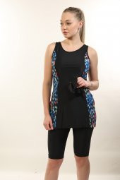 Yarı Kapalı Tesettür Mayo Kolsuz 2116 Roza Renkli Siyah thumbnail 2