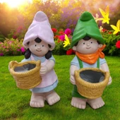 Fenerli Cüce Heykel Biblo Seti 2 Adet Dekoratif Saksılı Cüce Seti - 1