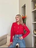 Kadın Gold Düğme Detaylı Cepli Hırka Kırmızı thumbnail 4