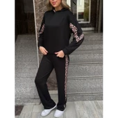 Lucky Life Kadın Kapüşonlu Leopar Detay Sweat Ve Yüksek Bel Yanları Leopar şeritli Bol Paça Pantolon Ikili Takım - 1