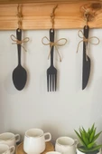 Kuzeylina 3 Parça Dekoratif Ahşap Çatal-Kaşık-Bıçak Seti Mutfak, Kahve Köşesi, Raf, Askı Süsü, Dolap,(19 cm) - 1