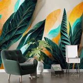 Yeşil Sarı Yaprak Çizim Desenli Duvar Kağıdı thumbnail 6