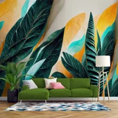 Yeşil Sarı Yaprak Çizim Desenli Duvar Kağıdı thumbnail 1