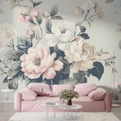 Soft Mavi Pembe Çiçek Desenli Duvar Kağıdı - 1