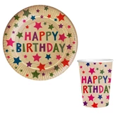 Happy Bırthday Baskılı Kraft Stars Karton Tabak Bardak 8 li - 1