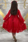 Kız Çocuk Sıfır Yaka Kolları Transparan Eteği Tüllü Simli Kırmızı Abiye thumbnail 3